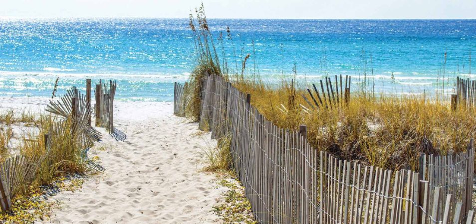 A white-sand beach part of Gulf Islands National Seashore, stretching over the coastal barrier islands of Florida and Mississippi