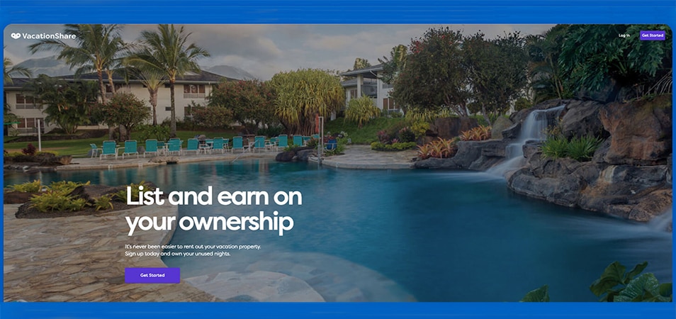 Hero image of the VacationShare website with text overlaid on a photo of a resort pool, on a blue background