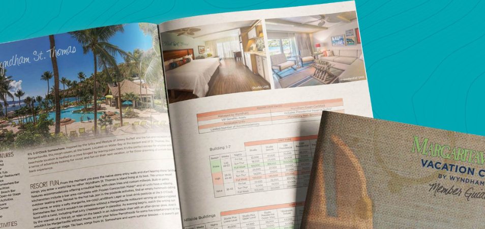 The Margaritaville Vacation Club directory supplement book, open to a page with timeshare ownership information.