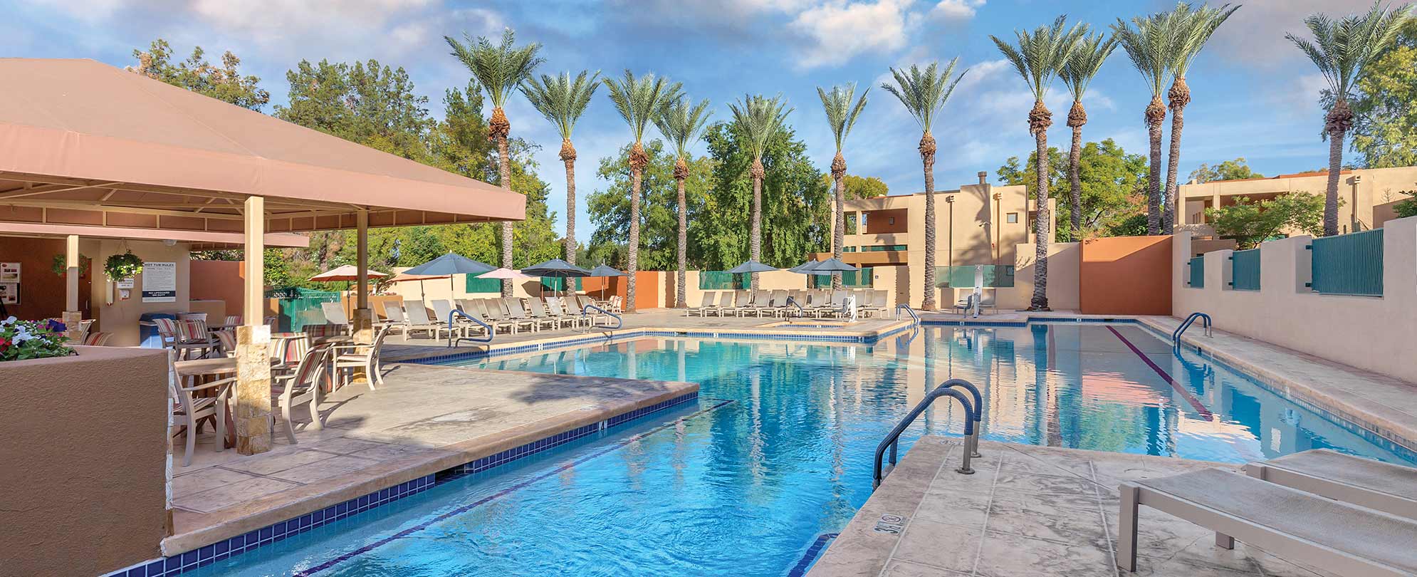 An outdoor pool with palm trees at Orange Tree Resort in Scottsdale, Arizona