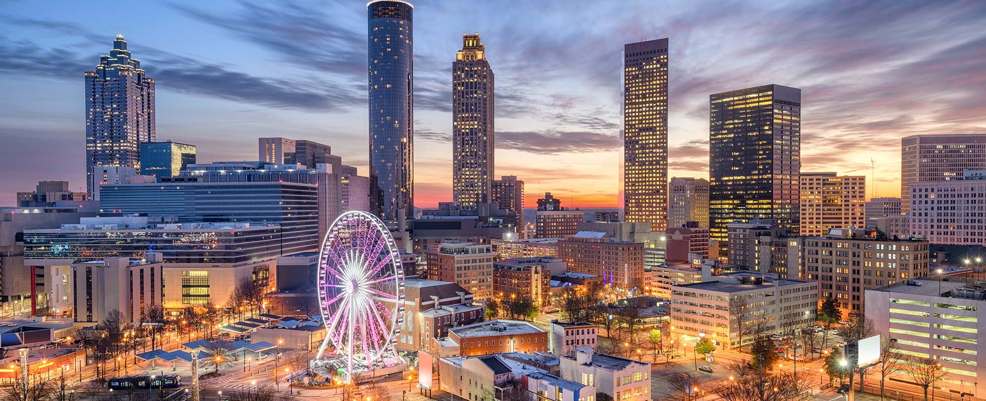 A bird's eye view of downtown Atlanta, Georgia, lit up at night.