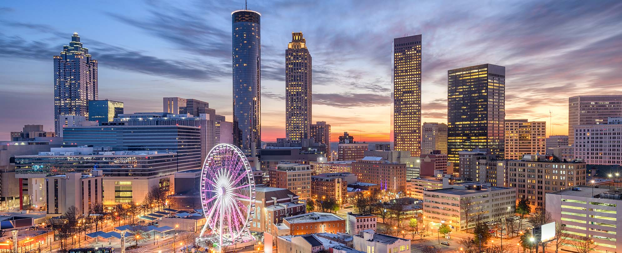 The city of Atlanta, Georgia, lit up at night.