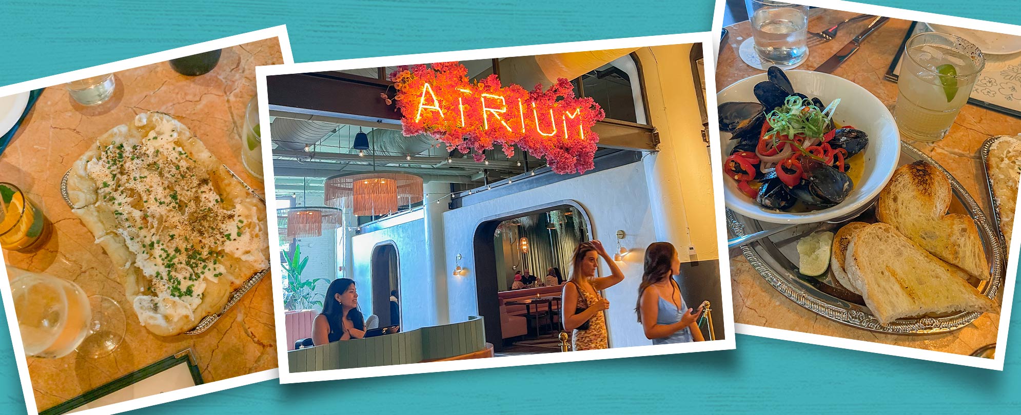 Three snapshots on a teal background showing a goat cheese flatbread dish, two women walking beneath the Atrium restuarant sign, a plate of mussels and grilled bread.