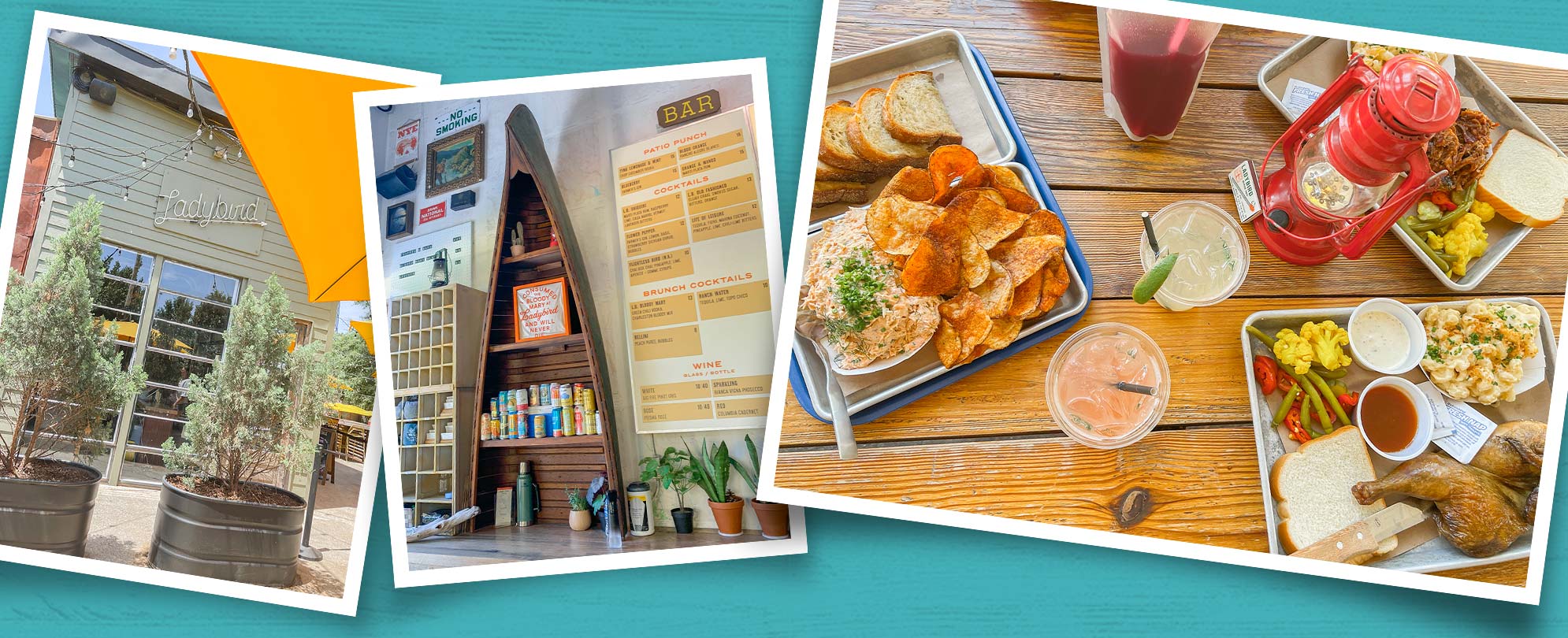 Three snapshots on a teal background showing an outside patio area at Ladybird Grove & Mess Hall, ahalf canoe wall art feature next to a large wall menu, and a wooden table with a lantern and meal trays.