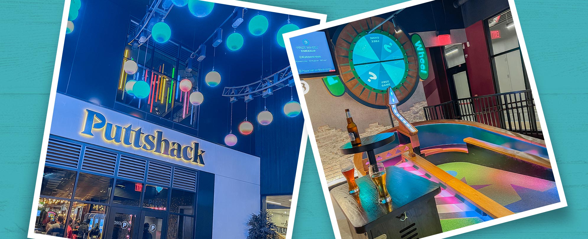 Two snapshots on a teal background showing the entrance and large sign for Puttshack and one of the colorful holes of the indoor miniature golf course.