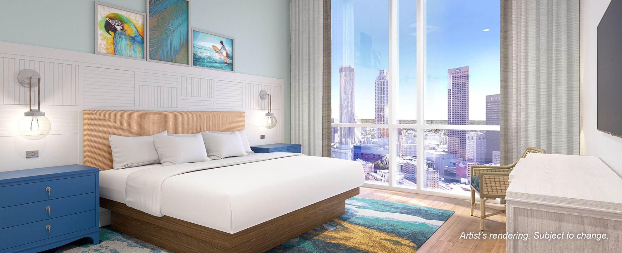 A modern decorated room with a single bed and view of the city at Margaritaville Vacation Club by Wyndham in Atlanta. 
