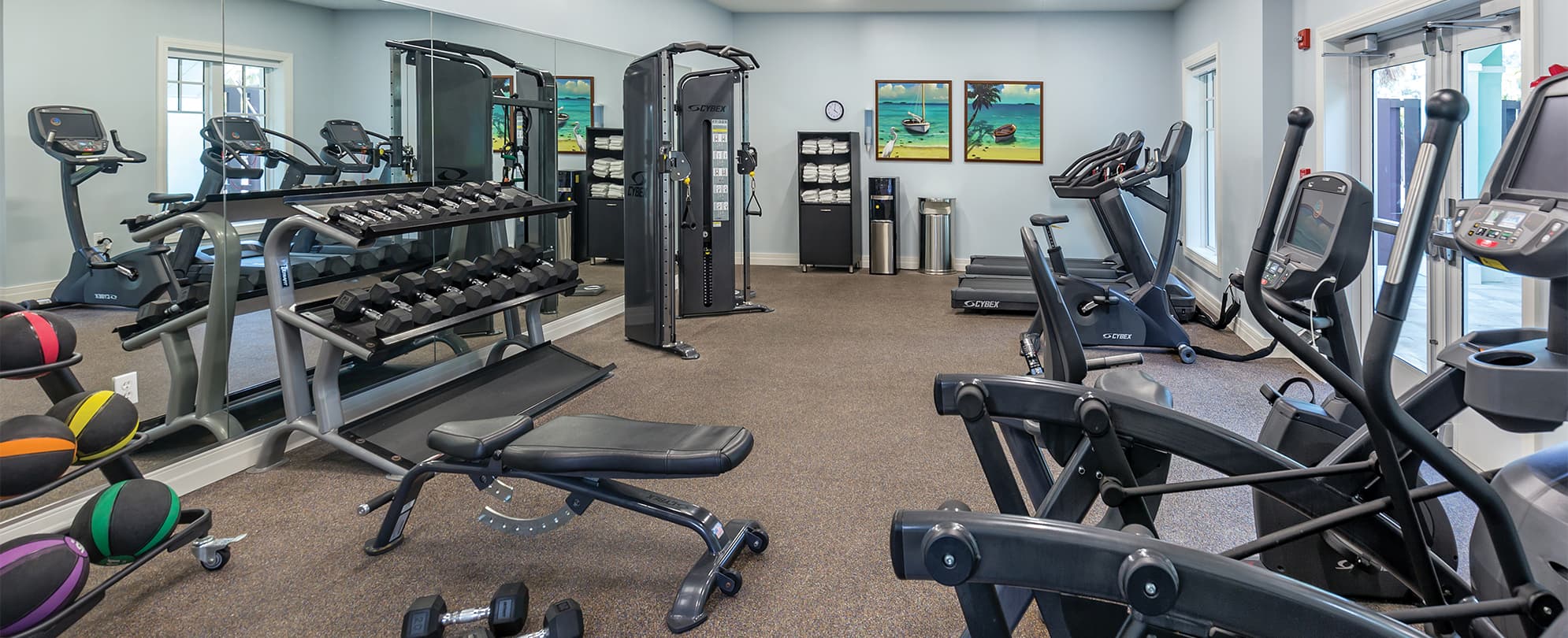 Fitness equipment at the gym of Margaritaville Vacation Club by Wyndham - St. Thomas, a U.S. Virgin Islands timeshare resort.