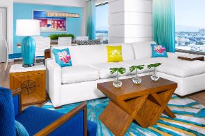 A trendy living room at Margaritaville Vacation Club by Wyndham - Desert Blue in Las Vegas, NV.