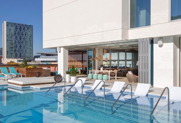 The rooftop pool area at Margaritaville Vacation Club by Wyndham – Nashville, TN resort. 